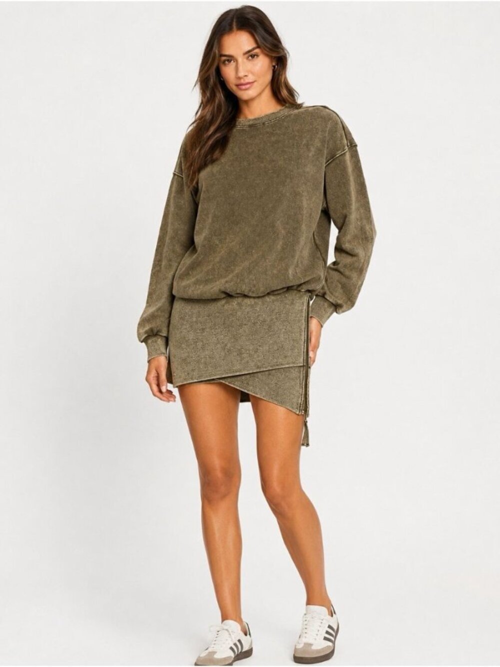 NWT Retrofete Nova Sweatshirt Mini Dress XS Olive Green Oversize Asymmetric Boho
